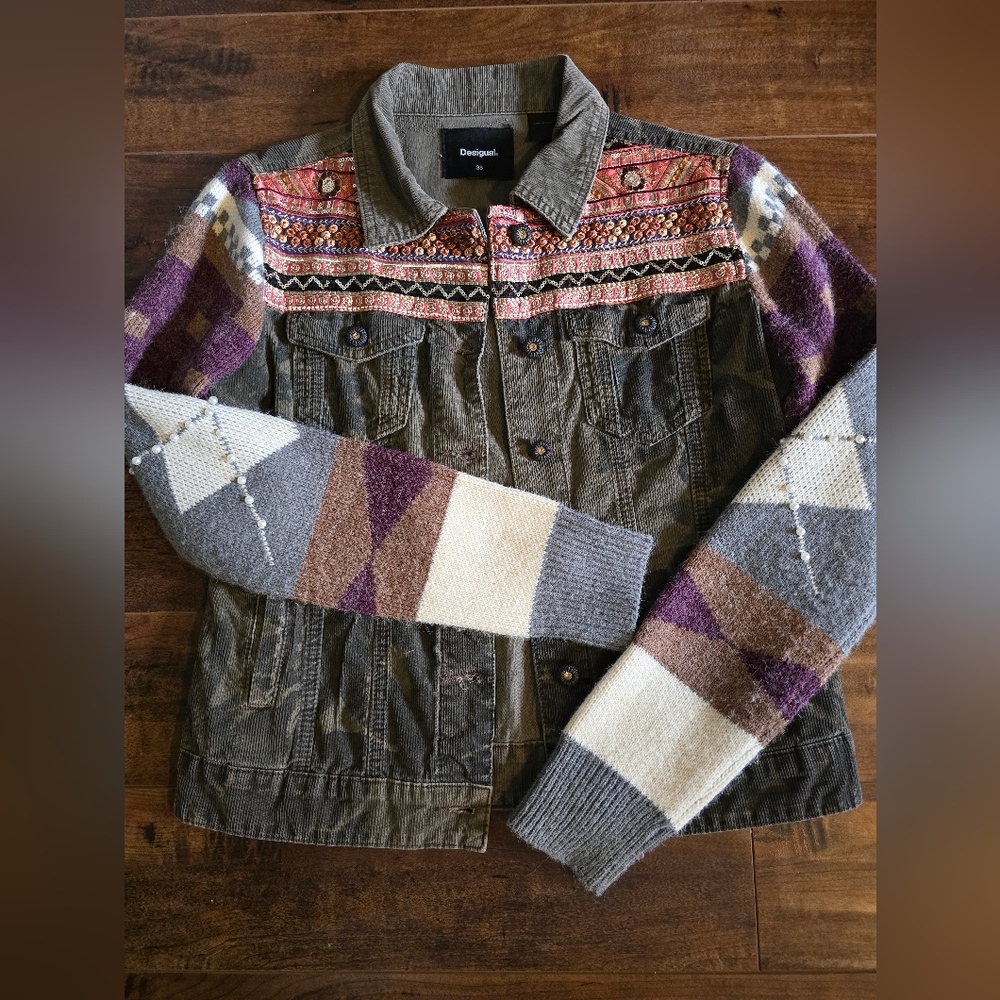 BOGO Desigual Cordoroy Jacket with Sweater Sleeves And Pearl Accents 38/S